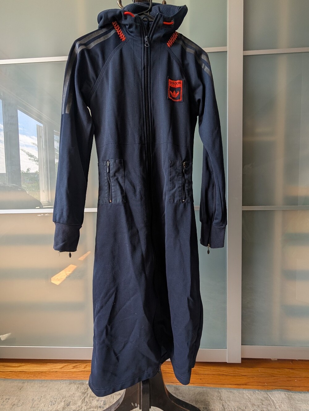 📼Rare Vintage adidas Safety Long Navy Hooded Full Zip Long Track Jacket Dress S - Picture 12 of 13